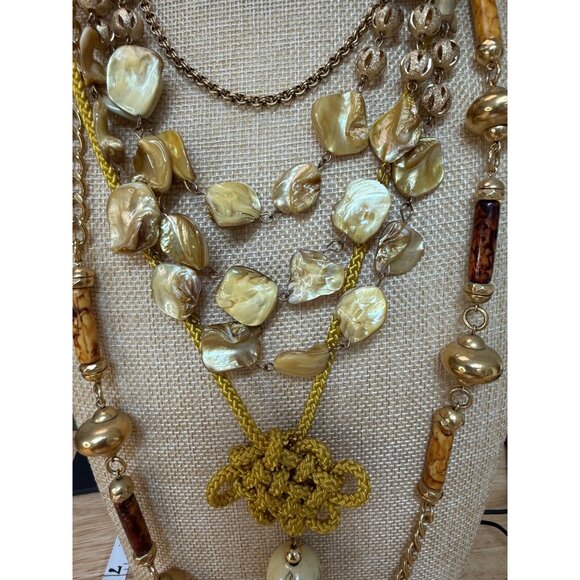 Vintage Multilayer Gold & Yellow Beaded Necklaces With Tassel , Set of Four - Picture 5 of 9